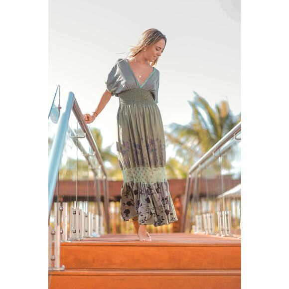 Floral Green Maxi Dress by T. ZOVICH Mixed Media Smocked Waist Crochet Trim - Picture 6 of 12